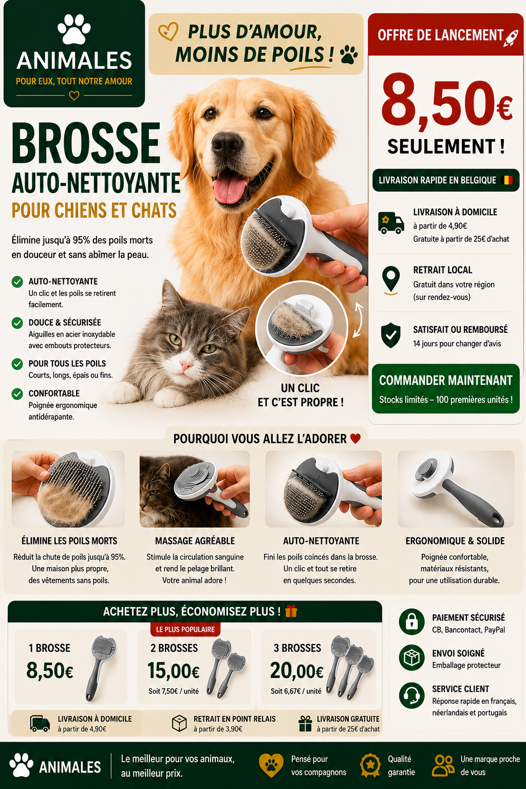 Brosse auto -nettoyante pour chiens et chats  -ANIMALES