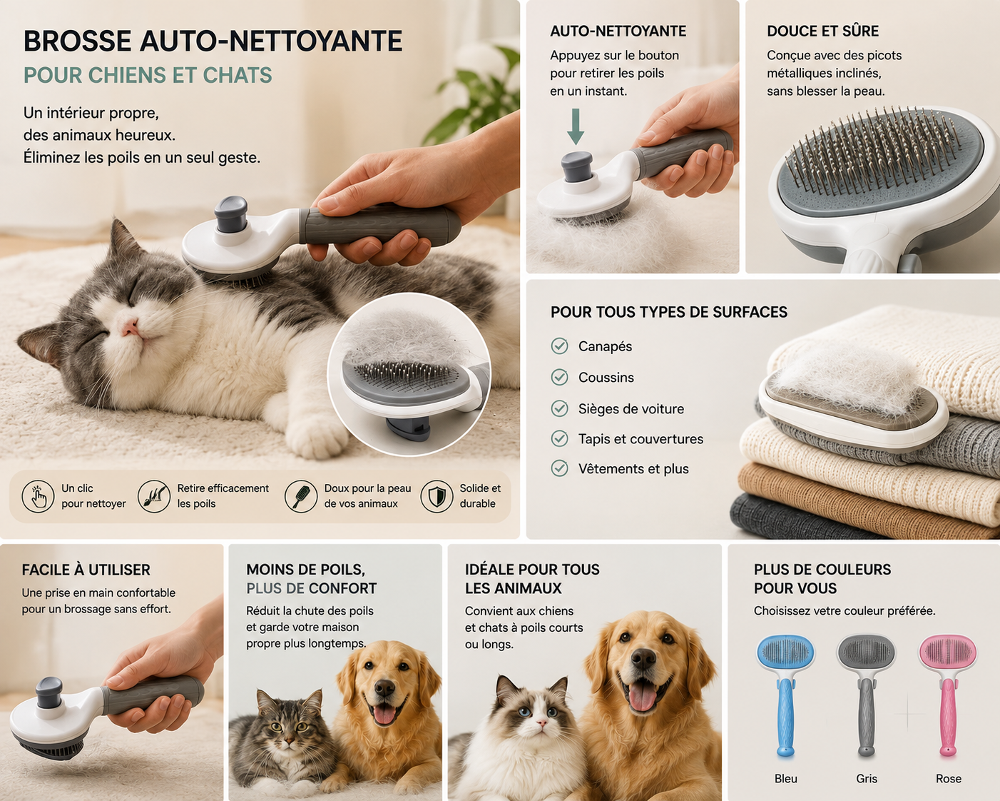 Brosse auto -nettoyante pour chiens et chats  -ANIMALES